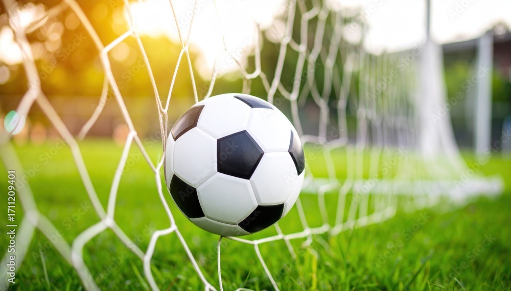 Fototapeta premium Soccer ball in a soccer net, on a green field, at sunset