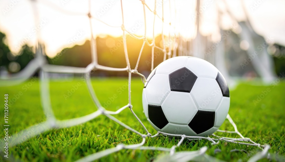 Fototapeta premium Soccer ball in goal net on a grassy field at sunset (1)