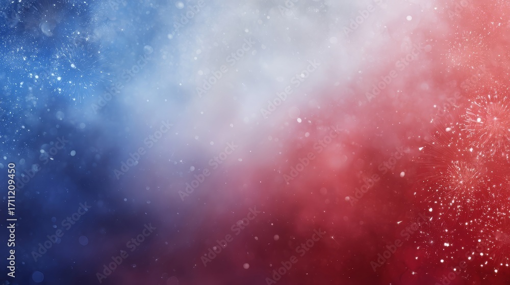 Fototapeta premium Abstract gradient background transitioning from deep blue to soft pink with scattered bokeh and snow-like particles,