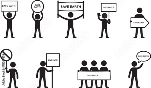 Save Earth Stickman Silhouette Icons – Eco Protest, Activism, and Environmental Awareness Signs