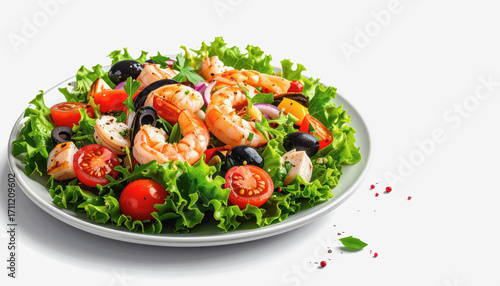 Delicious mediterranean seafood salad featuring shrimp, olives, and tomatoes served in a bowl on white background