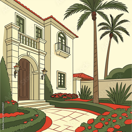 Luxury villa with manicured garden and palm trees house