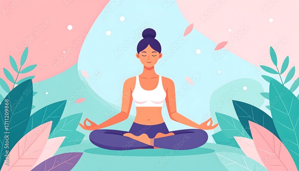 Obraz premium Serene Woman Meditating in Lotus Position Amidst Stylized Nature for Inner Peace and Wellness - Flat Vector Illustration