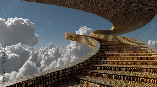 Ascend to digital paradise, a golden staircase steps through fluffy clouds, coded in binary, offering a path to software success and tech innovation