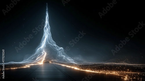 Futuristic cityscape with energy spire, ideal for tech innovation concepts and advanced technology visuals, radiating power in a modern, sleek presentation