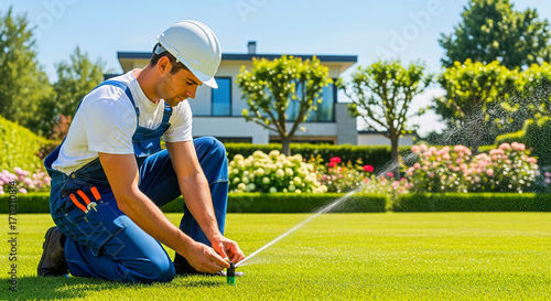 Professional landscaper installing sprinkler system on lush green lawn for home irrigation