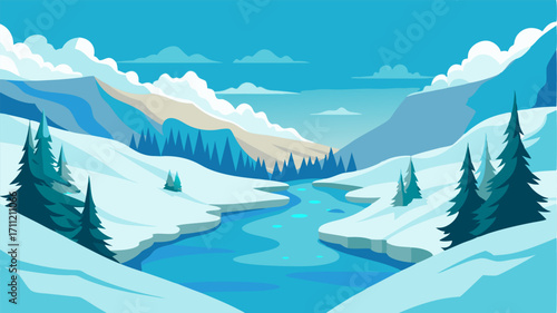 A valley blanketed in a thick layer of snow with the only disruptions being the evergreens peeking through and the distant sound of a bubbling hot spring.
