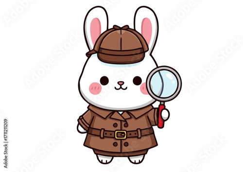 A cute cartoon rabbit detective holding a magnifying glass while wearing a classic trench coat and investigator hat. Adorable animal mascot for kids