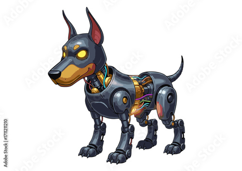 A sophisticated cybernetic Doberman illustration, embodying advanced artificial intelligence and robust mechanical design, portraying a loyal and powerful digital companion for futuristic concepts