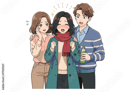 An ecstatic woman celebrates a triumph with supportive friends, showcasing genuine happiness and camaraderie during a social gathering, an emotional bond illustrated in a lively and engaging scene