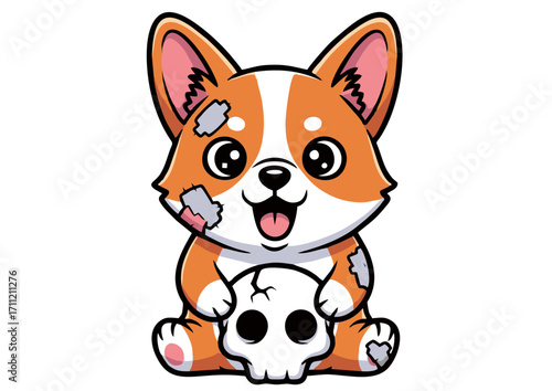 Adorable Corgi Puppy with Skull Cute Cartoon Illustration of a Playful Dog