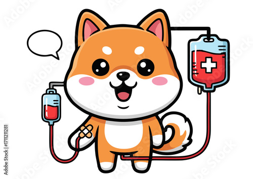 A cheerful cartoon Shiba Inu dog is actively participating in a blood donation or transfusion, symbolizing health, compassion, and medical care with an adorable, friendly demeanor