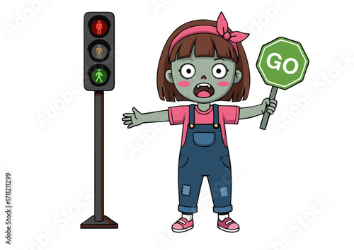 Zombie child holding a GO sign next to a traffic light, conceptual illustration representing safety and warning in a playful, spooky style, perfect for Halloween or educational themes