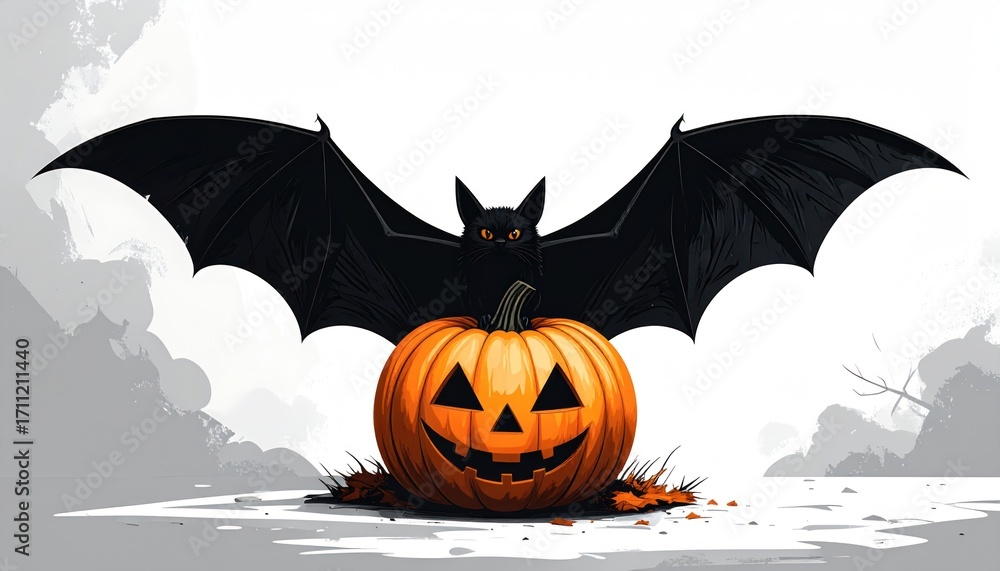 Naklejka premium Spooky Halloween Graphic Bat and Pumpkin