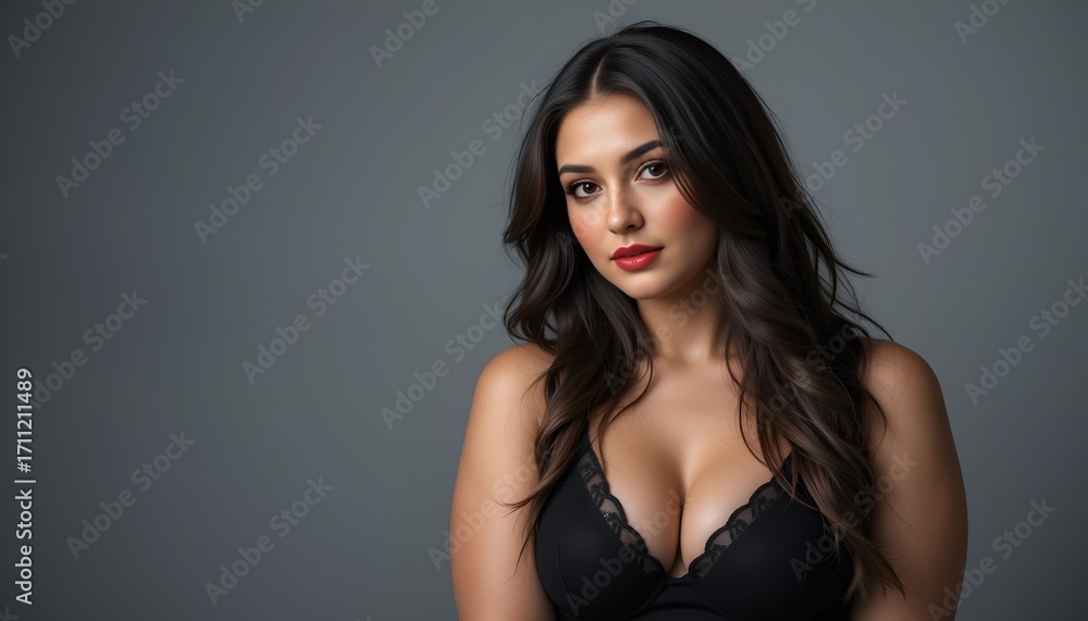 Naklejka premium Portrait of a brunette woman with red lipstick looking at camera against a neutral gray background.