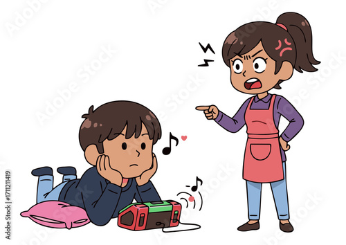 Angry mother scolding her defiant son for listening to loud music from a radio, illustrating a common family conflict and parent-child communication breakdown