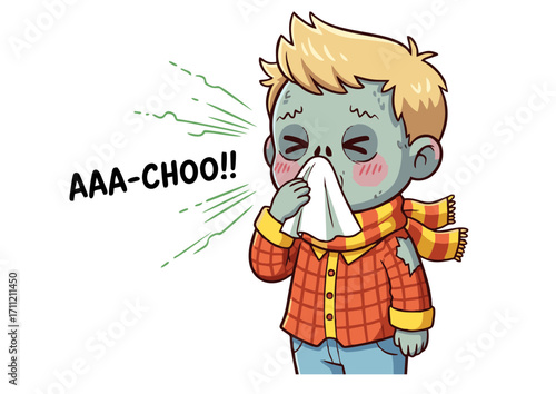 Cartoon Zombie Sneezing with a Cold Healthcare Concept with Flu, Disease, Infection, Illness, Sickness, and Epidemic Awareness Illustration