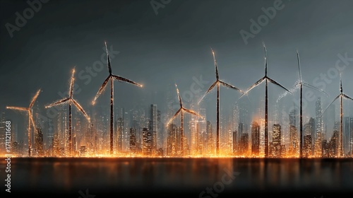 Dramatic wind turbines rising above a vibrant cityscape at night, showcasing sustainable energy solutions for a brighter future with renewable power generation