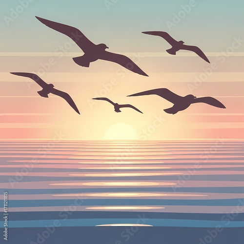Silhouettes of Seagulls Flying Over Calm Ocean at Sunset