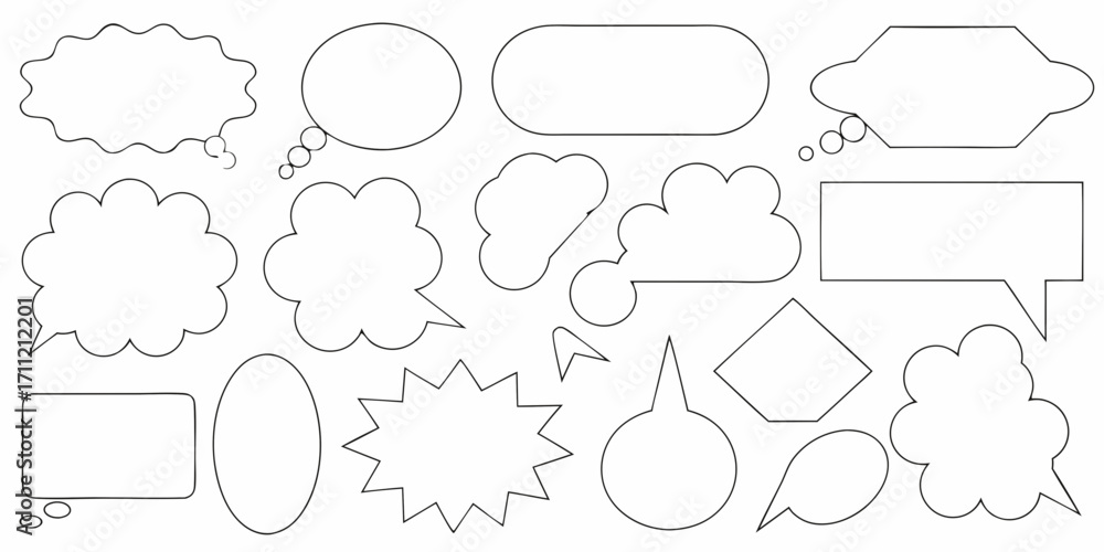 Obraz premium Collection of diverse black outline speech bubbles and thought bubbles on white background