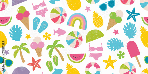 Colorful summer vacation pattern with ice cream beach balls sunglasses and tropical elements