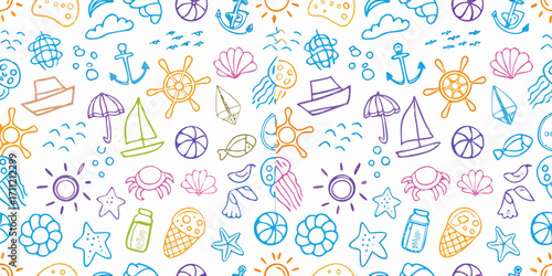 Seamless pattern with hand drawn colorful summer beach and ocean icons on white background