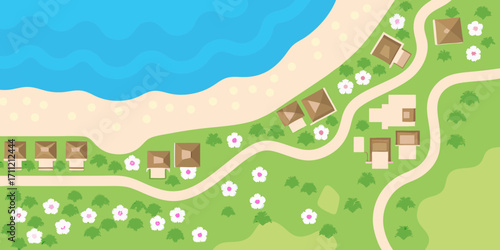 Aerial view of a tropical resort with bungalows and flowers by the ocean