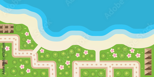 Top down view of a charming cartoon beach resort with pathways and blooming flowers