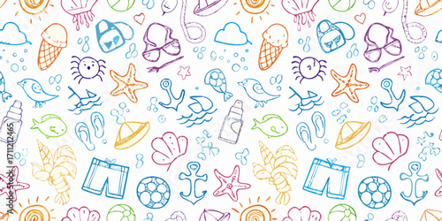 Whimsical hand drawn summer vacation beach icons seamless pattern