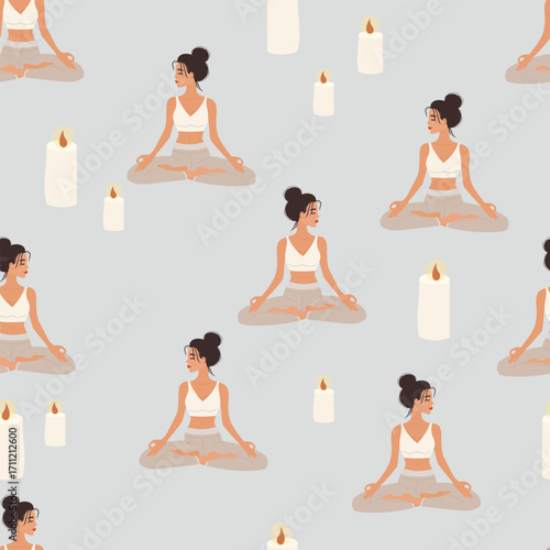 Vector seamless pattern of a woman meditating in lotus position with burning candles. Perfect for yoga, mindfulness, self care, spa, wellness, textiles, packaging, lifestyle and relaxation projects
