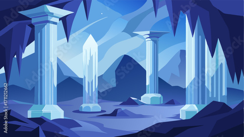 Here and there massive ice columns rise from the ground appearing like pillars of crystal holding up the caves roof.