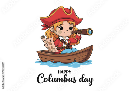 Happy Columbus Day illustration of a cartoon child dressed as a pirate holding a map and spyglass in a boat sailing on water