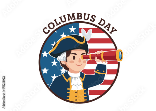 Commemorating a significant historical journey of discovery with an intrepid explorer viewing distant lands through a spyglass, set against a patriotic backdrop