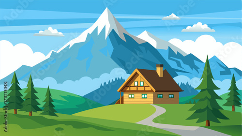 A traditional Swiss chalet nestled in a picturesque alpine meadow surrounded by towering peaks covered in a thick blanket of snow.