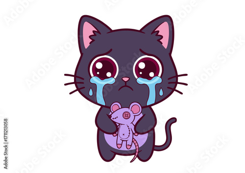 Sad Kitten Crying, Holding a Toy Mouse An Emotional Illustration of Loneliness and Grief