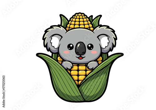 Cute cartoon koala peeking out from inside a fresh ear of corn with green husks and golden kernels, whimsical and adorable illustration