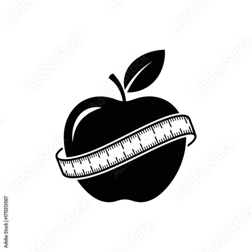Vector art of black silhouette of an apple with a measuring tape wrapped around it