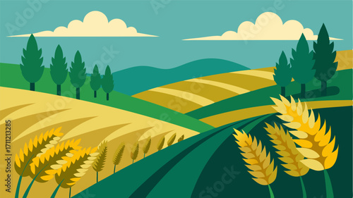 Beyond the vineyard fields of golden wheat sway in the gentle breeze contrasting against the deep green of the grapevines.