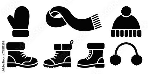 A collection of winter clothing accessories, including hats, scarves, gloves, boots and earmuffs, perfect for protection against the cold.