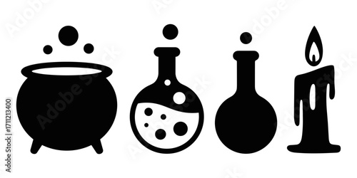 Halloween-themed vector art featuring a cauldron, potion bottles, and a candle. Perfect for witchcraft and magic-related designs.