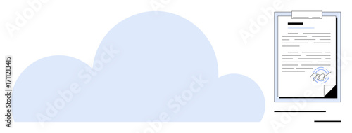 Cloud beside a signed document file, implying secure digital storage and verification. Ideal for cloud computing, data storage, electronic signature, digital security, online contracts, IT, simple