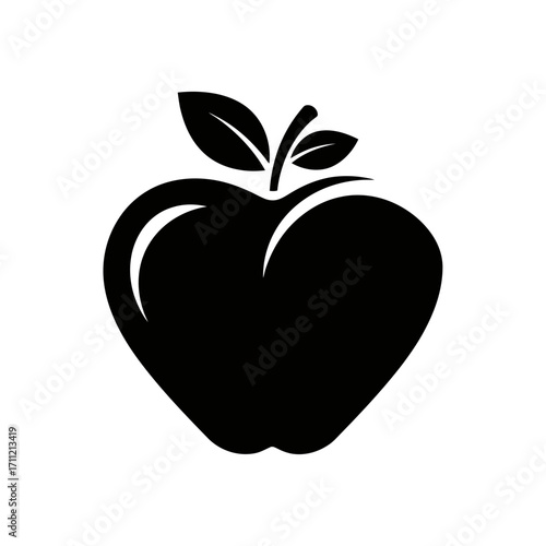 Vector art of black silhouette of an apple with two leaves and a stem