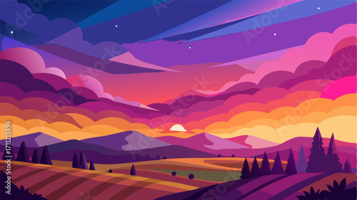 As the day slowly fades into night the sky transforms into a stunning display of pinks oranges and purples casting a magical aura over the vineyard.