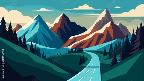 A winding road through a rugged mountain range offering breathtaking views of snowcapped peaks and rushing waterfalls.