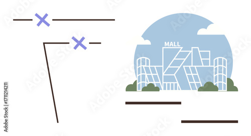 Shopping mall with glass architecture surrounded by greenery beside minimalistic utility poles and lines. Ideal for urbanization, retail, technology, architecture aesthetics, commerce