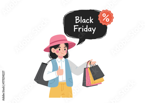 Black Friday Shopping Spree Happy Shopper with Bags, Big Sale Text, and Excitement. Best Deals and Discounts