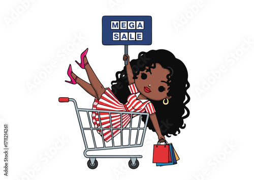 Vibrant illustration of a cheerful fashionista diving into a shopping spree, celebrating incredible mega sale offers with a cart full of joy and retail excitement