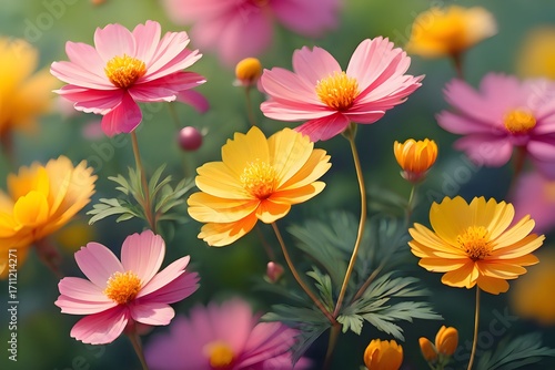 Vibrant red and yellow chrysanthemum flowers blooming beautifully in a garden