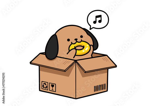 Charming vector art of a kawaii puppy singing happily while eating a donut in a cardboard parcel. A cute pet character for adoption or moving day concepts