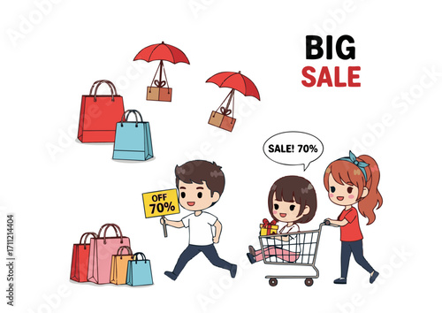 Cartoon couple on a frantic shopping spree, rushing with a cart and bags to catch the best deals during a massive clearance promotion event